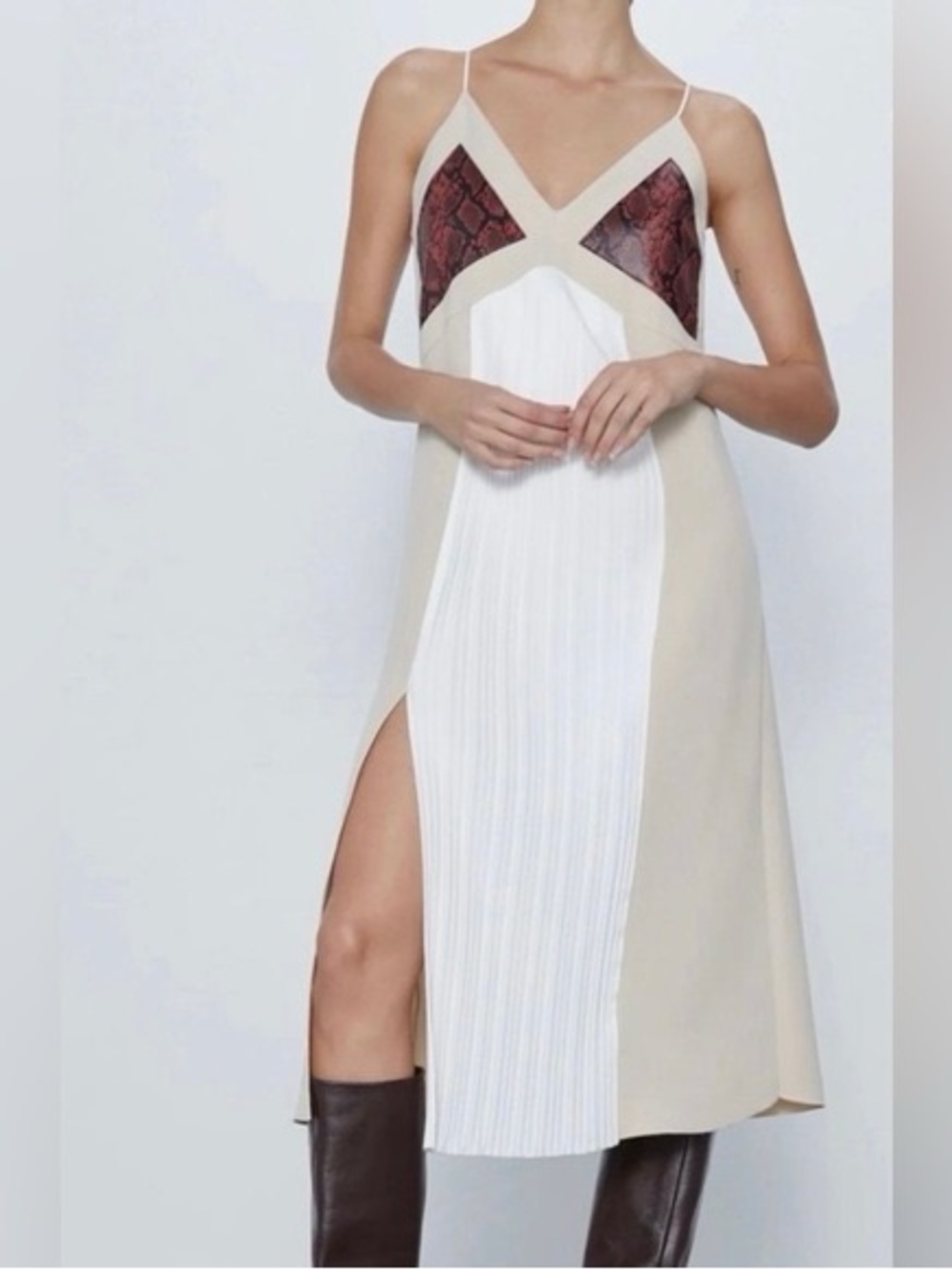 Zara Beige, White & Burgundy Snake-Print Midi Slip Dress